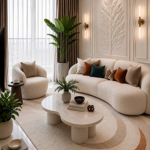 Modern living room with a curved sectional sofa, round coffee table, and large indoor plants