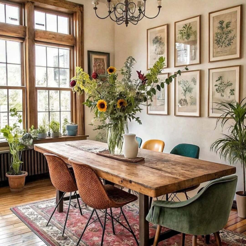 Farmhouse dining room with a rustic wood table, botanical gallery wall, and colorful chairs