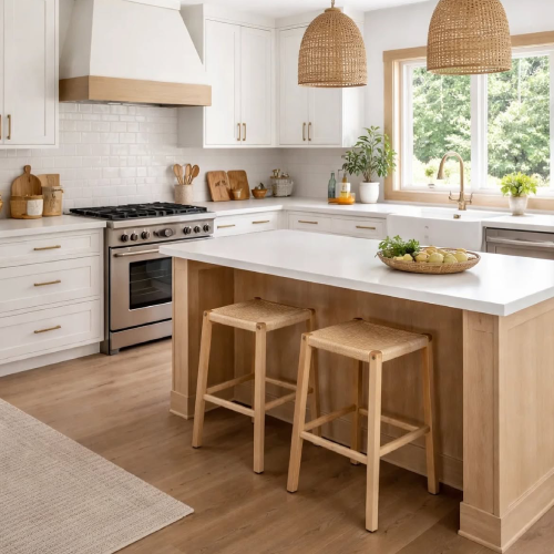 Bright white kitchen with a wood island, rattan pendant lights, and natural wood stools