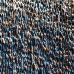 Close-up texture with rough vertical lines in dark brown and black, with bright blue tones visible between the grooves, resembling oxidized rusty metal.