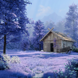 Surreal fantasy scene featuring a classic wooden cabin with a cart in front, surrounded by trees and grass in purple and lilac tones, with misty mountains in the background.