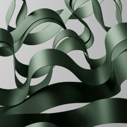 Abstract composition of a thick dark green ribbon or sheet curving and flowing elegantly against a light gray background.