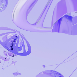 Abstract 3D composition of glossy, translucent curved forms resembling futuristic jellyfish structures, dominated by bright lavender and purple tones.